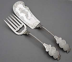 antique coin silver fish servers with engine turned fish decoration twist handle